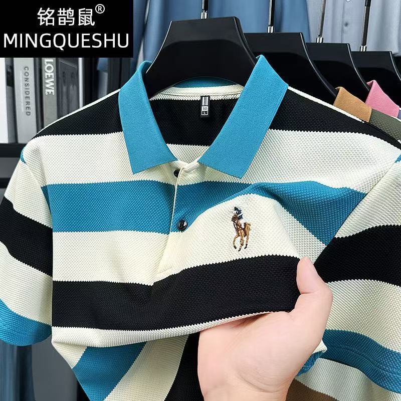 Polo Shirt New Summer Stripesd Contrast Embroider Top High-End Men's Short-Sleeved Loose Version Versatile Casual T-Shirt