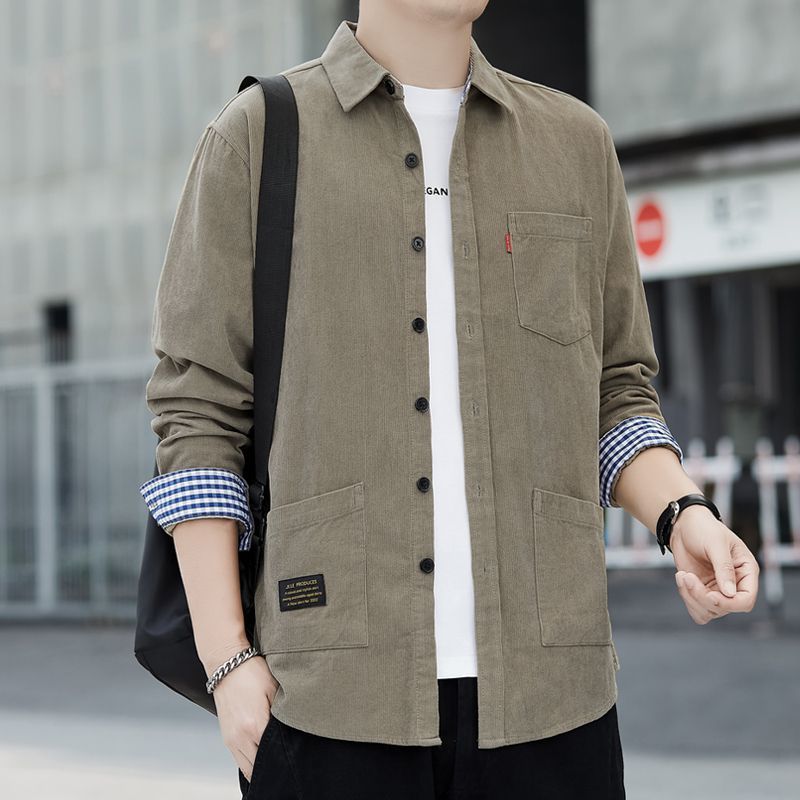 男士灯芯绒长袖衬衫春秋款耐麿衬衣外套新款休闲工装口袋宽松上衣