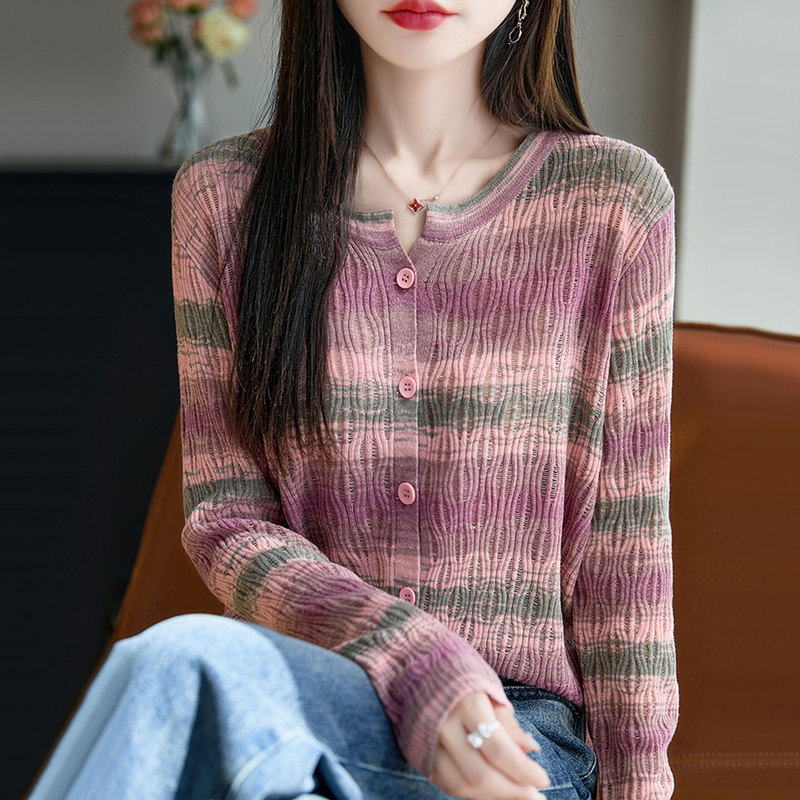 【厂家直供】时尚条纹圆领针织开衫外套女秋季薄款外搭毛衣针织衫|undefined