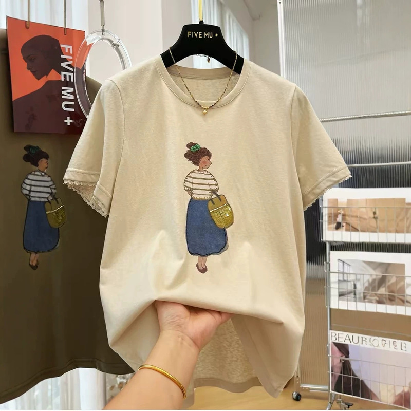Snowflake Cotton Korean Style Plus Size 120kg Lace-Trimmed Short-Sleeve T-Shirt Women's Summer Outfit Loose and Stylish Top Snowflake Cotton Korean Style Plus Size 120kg Lace-Trimmed Short-Sleeve T-Shirt Women's Summer Outfit Loose and Stylish Top