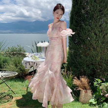 一字肩泡泡袖雪纺碎花吊带连衣裙女夏季海边度假超仙长裙