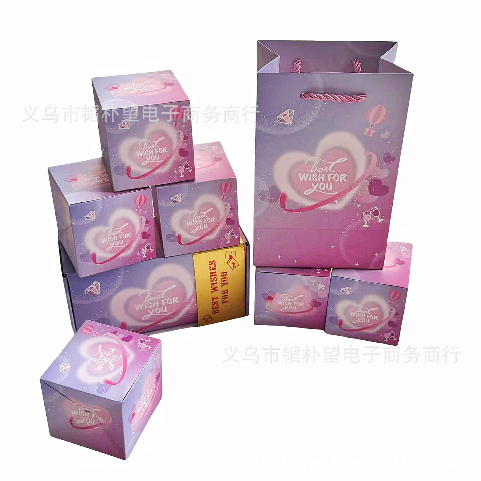 핑크 퍼플 다이아몬드 BEST WISHES FOR YOU; 바운스 박스 10개 + 선물 상자 + 선물 가방