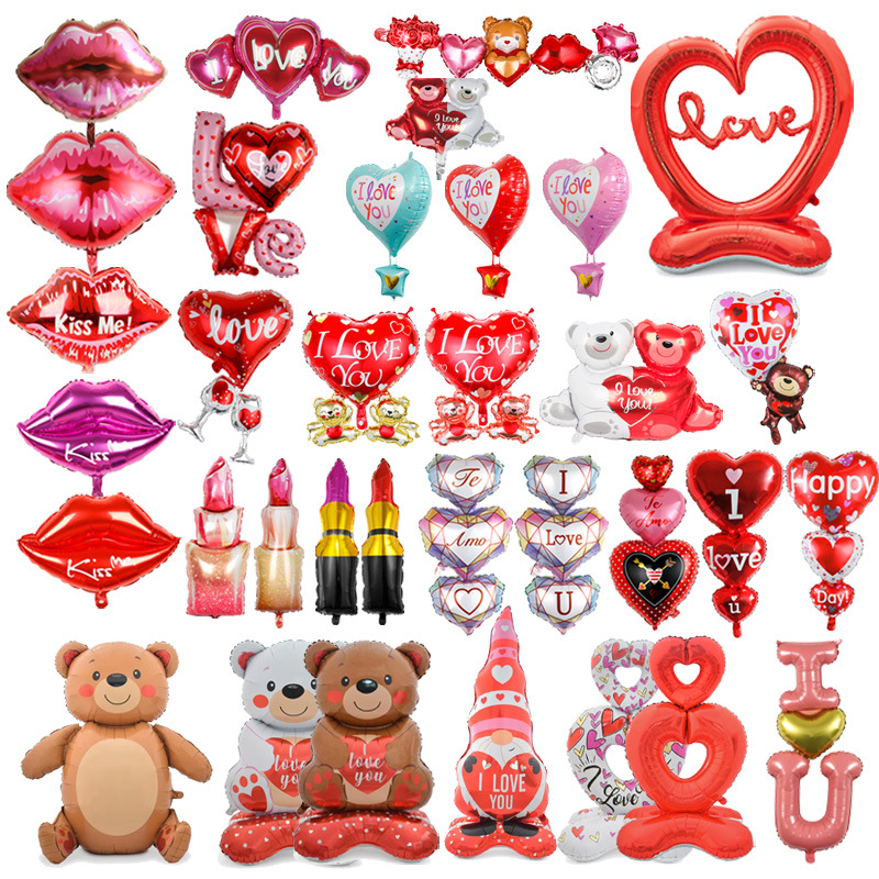 Cross-border Valentine's Day aluminum foil balloons large lip-shaped lipstick LOVE three-heart balloons wedding room decoration round balls wholesale
