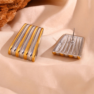 European and American Temperament New Creative Room Gold Earrings Stainless Steel Plated 18K Gold High Level Personality Striped Trapezoidal Earrings for Women