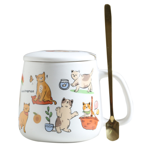 Pet Cartoon Cute Dog Cat Ceramic Mug Coffee Cup Spoon Water Cup Couple Milk Cup