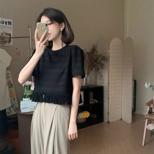Summer Korean Style Fashion Texture Knit Solid Color Fringe Edge Short Sleeve Top for Women