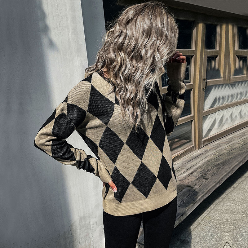 Pull décontracté à manches longues et col rond en patchwork de diamants_voghion.com