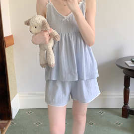 实拍 夏季新款睡衣女韩版宽松简波点吊带休闲家居服套装