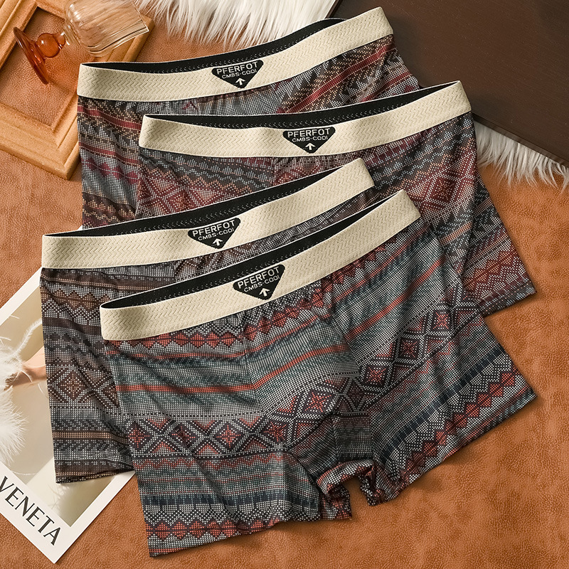 Retro Printed Ethnic Style Men's Underwear, Comfortable and Breathable Large Size Boxer Ethnic Style Trendy Boxer Shorts Wholesale