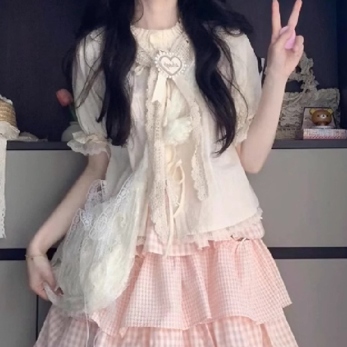 かわいい甘い女の子のドーパミン衣装セット女性の夏のカレッジスタイルのストラップシャツピンクチェック柄ケーキスカート 2 点セット|undefined