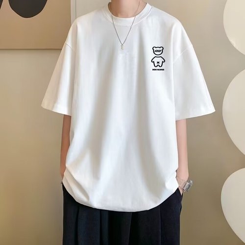 Men's Summer Short Sleeve Half-Sleeve Printed Crew Neck Hong Kong Style T-Shirt Fashion Cool Five-Sleeve Sweatshirt Summer Mid-Sleeve