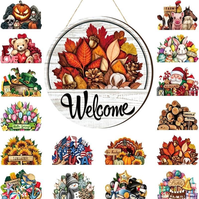 16pcs Welcome Door Sign Interchangeable Front Door Decor Rustic Fall Seasonal Hanging Sign Halloween Christmas 16pcs Welcome Door Sign Interchangeable Front Door Decor Rustic Fall Seasonal Hanging Sign Halloween Christmas