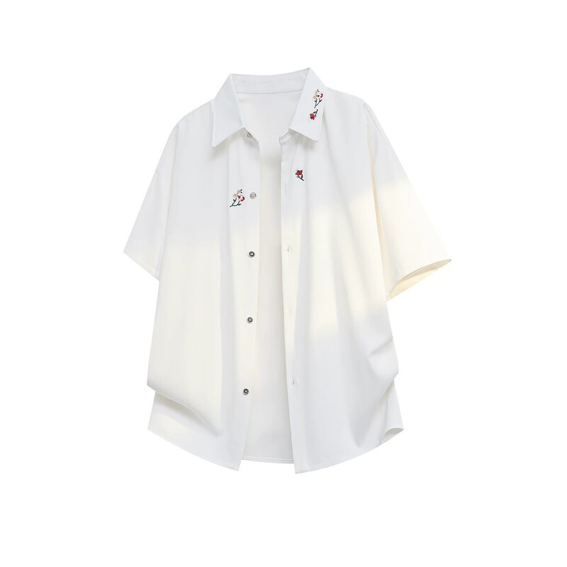 National Style Floral Embroidery White Short-Sleeve Shirt for Men, Summer Ice Silk Thin Drapey Chinese Style Men's Top, Cool and Stylish