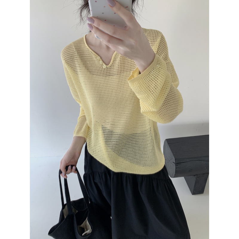 Korean Loose Casual Blouse Spring and Summer Candy Color V Neck Wool Cut Out Top Knitwear for Women Korean Loose Casual Blouse Spring and Summer Candy Color V Neck Wool Cut Out Top Knitwear for Women