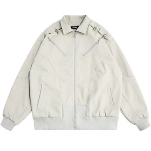 2025 Autumn New Niche Deconstructed Metal Aircraft Buckle Zipper Leather Jacket Loose Men's Couple Jacket Trendy