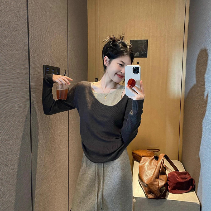 大码女装胖mm穿搭慵懒风显瘦假两件拼接撞色小众设计感针织上衣女|undefined