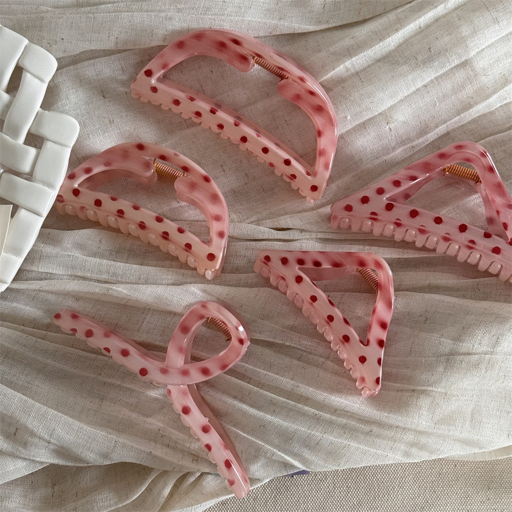 Pinza de tiburón semicircular rosa lunares, estilo fresa premium para chicas