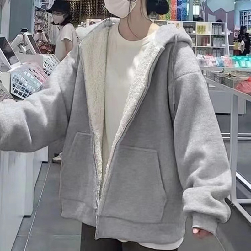 Alpaca Hooded Sweater Jacket Women's Autumn and Winter fleece-lined Thickened Zipper Lamb Wool Jacket Cardigan Cotton-padded Jacket