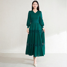三宅v领时尚复古连衣裙女跨境miyaki蕾丝花边拼接灯笼袖褶皱长裙