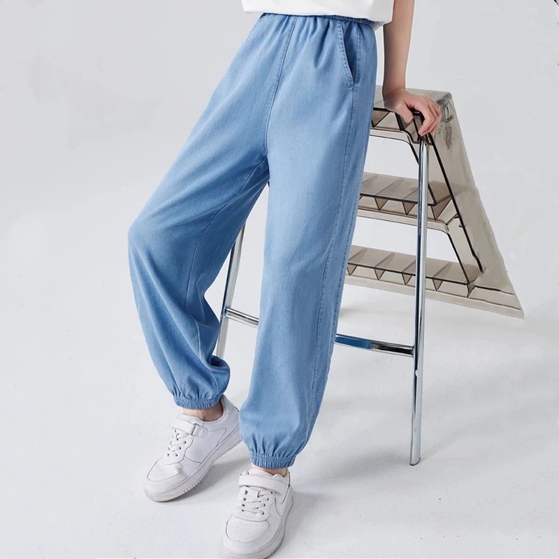 Джинсы для девочек Летние тонкие иностранные маленькие девочки, средние и средние детские повседневные брюки осенние свободные детские брюки