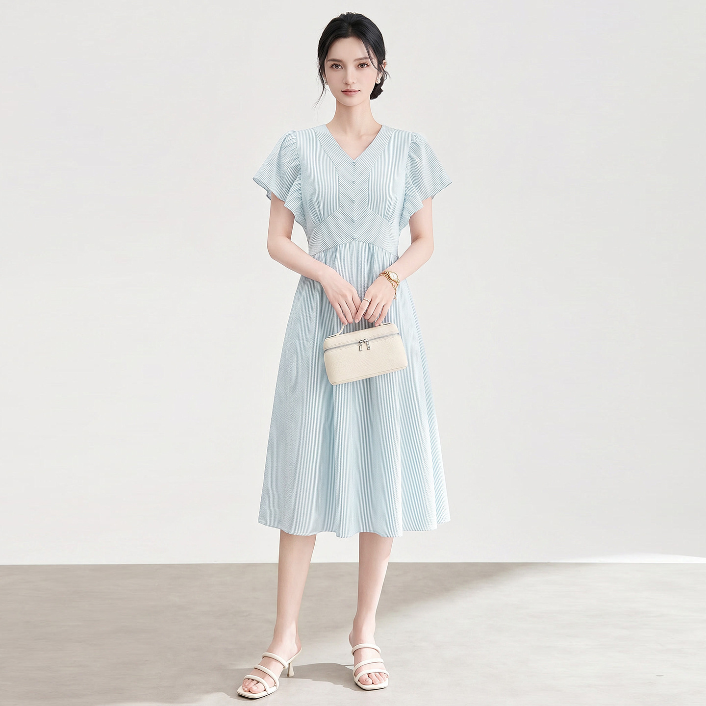 Đầm nữ cổ chữ V tay lá sen sọc kẻ thanh lịch — xanh lam