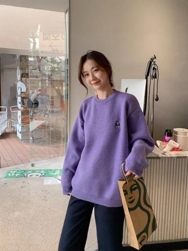 刺绣小熊毛衣女加厚秋冬季外穿跨境新款慵懒风宽松套头针织衫上衣|undefined