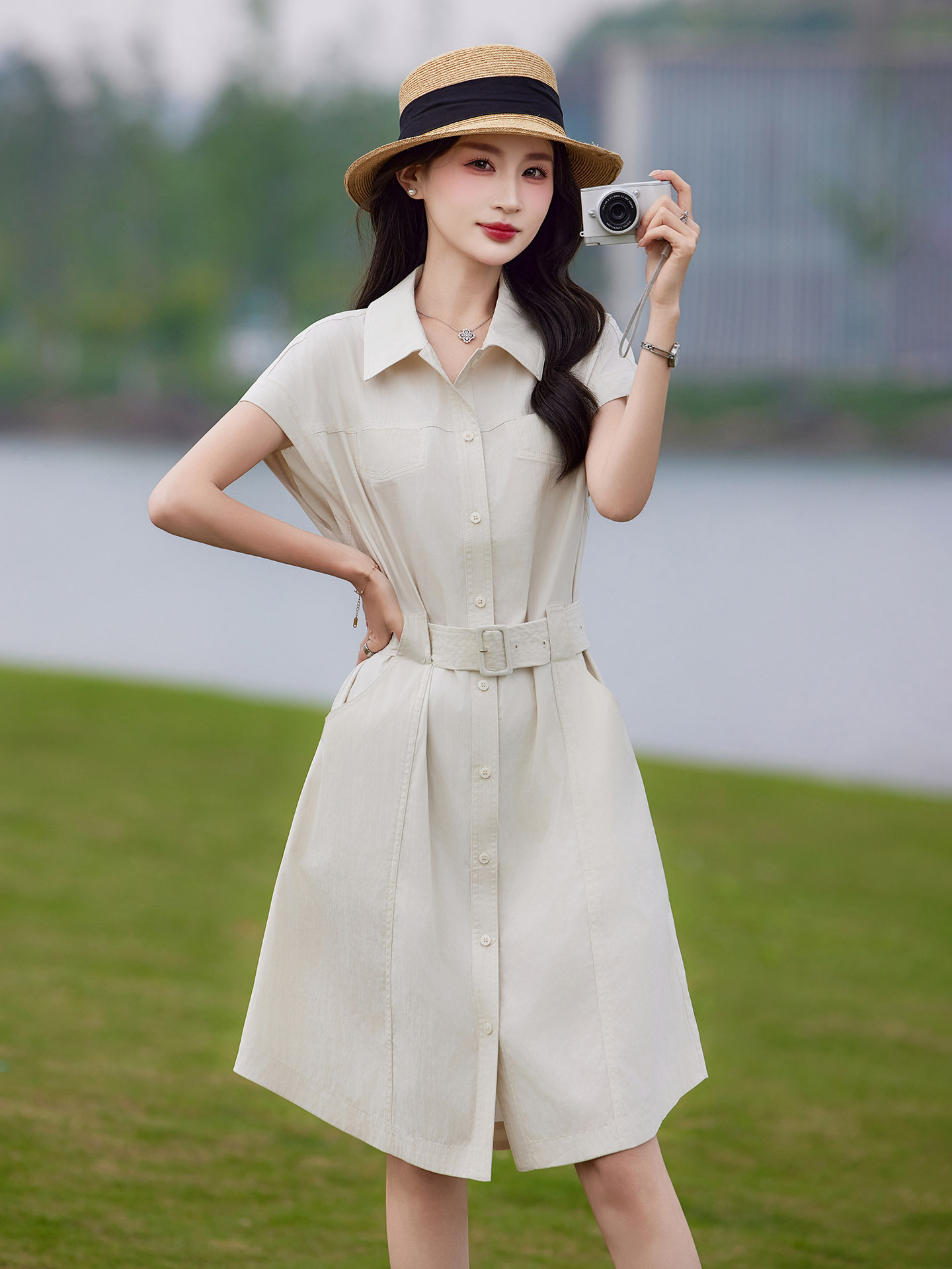 Đầm polo nữ cổ bẻ thắt eo dáng suông midi mùa hè — màu xanh nhạt, màu trắng ngà