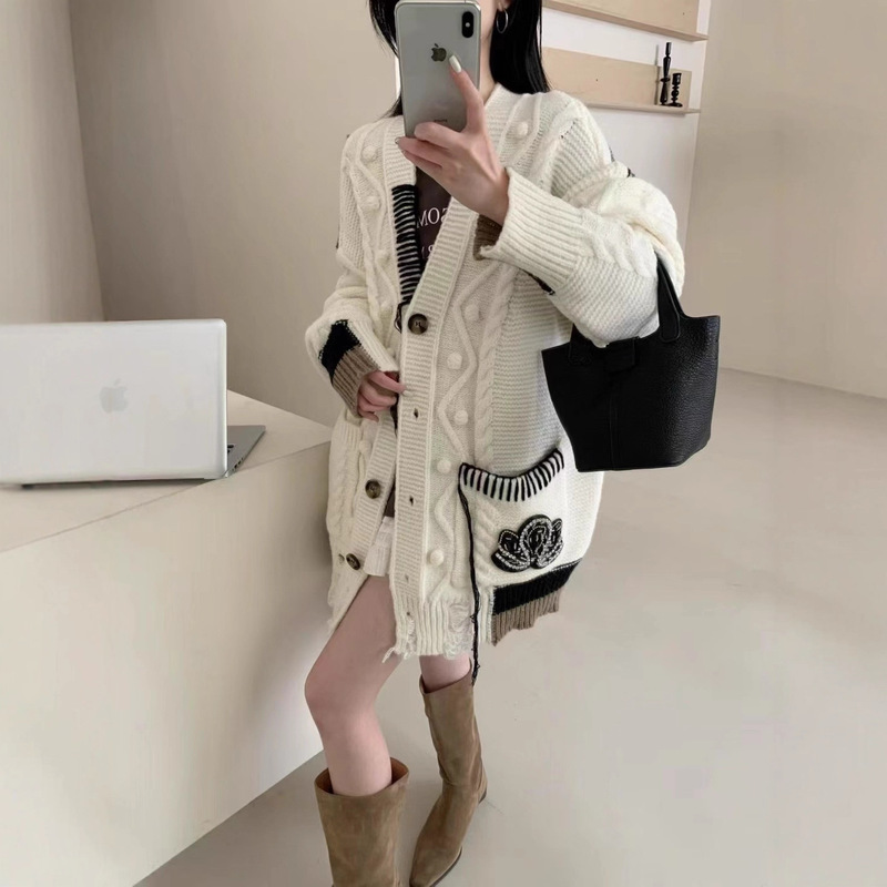 韩系气质简约针织开衫女秋冬新款宽松加厚慵懒风复古加厚毛衣外套|undefined