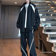 2025秋季新款潮牌男式宽松立领撞色反光条嵌条工艺套装运动两件套