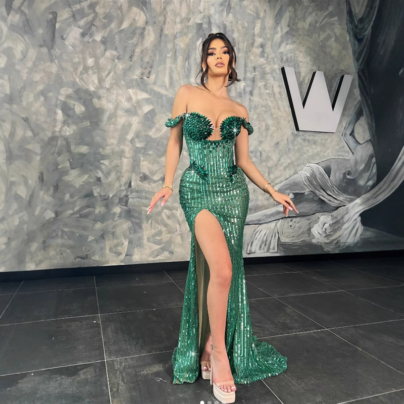 Green Fashion Sexy Backless Tube Top Slim Sequin Slim Slit Long Floor-Length Dress