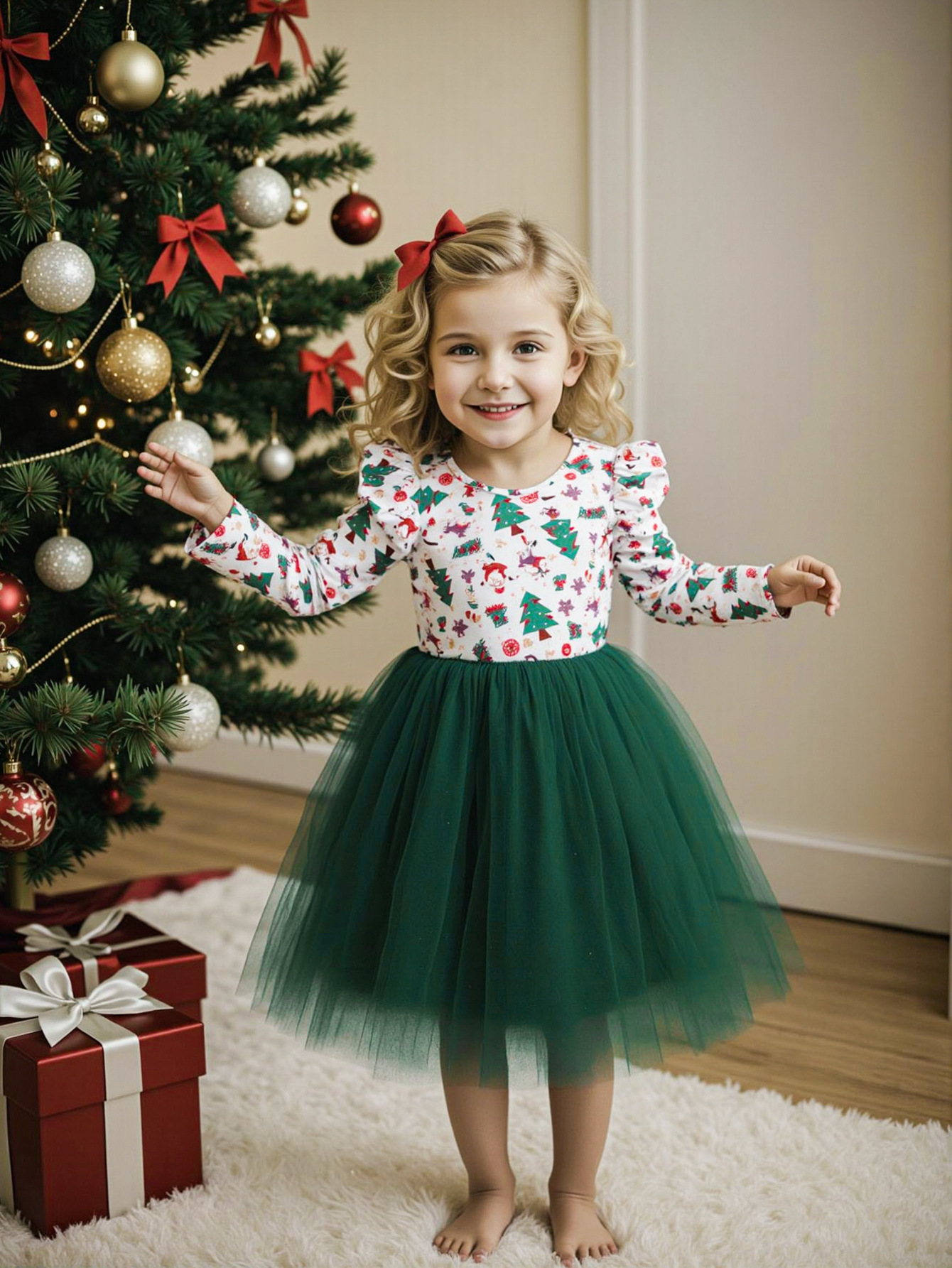 Cross-Border Foreign Trade Children's Clothing Autumn and Winter New Products Girls' Christmas Long-Sleeved Mesh Dress Printed Christmas Tree Children's Dress