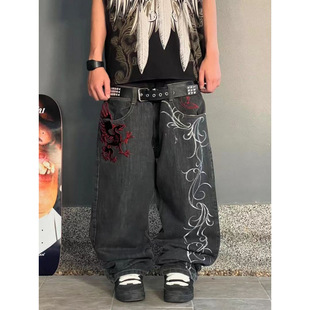 Cross-Border Spring and Autumn European and American Trendy Street Dark Gothic Skull Embroidered Jeans Loose Personality Wide-Leg Pants