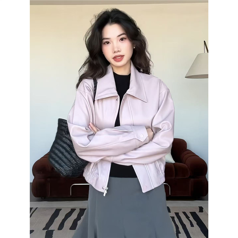 Purple Pu Leather Lapel Jacket for Women Autum 2025 New High-End American Baseball Uniform Short Top