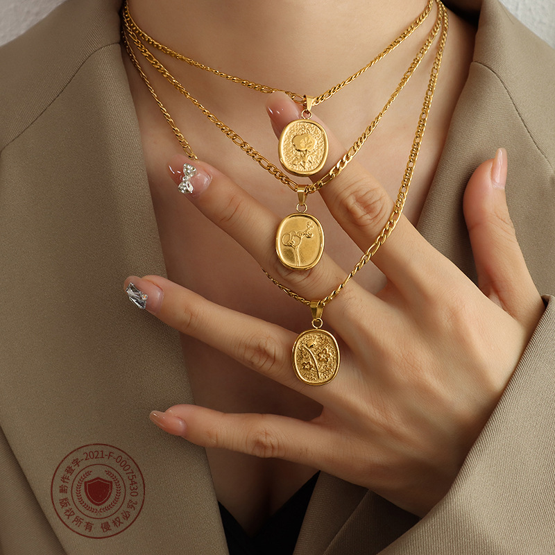 Niche Gold Coin Geometric Oval Pattern Withered Rose Necklace Set_voghion.com