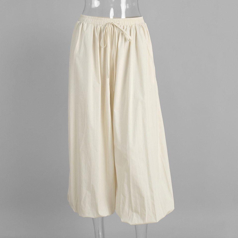 Quần harem ống rộng cotton dáng lửng lưng vừa phong cách đường phố — Màu hồng, Màu kaki, Màu mơ, Màu xanh da trời chi tiết 8