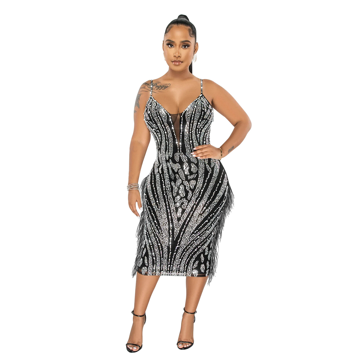 C6273 AliExpress Amazon moda europea y americana de las mujeres color sólido Sling sin mangas malla caliente perforación vestido image 5
