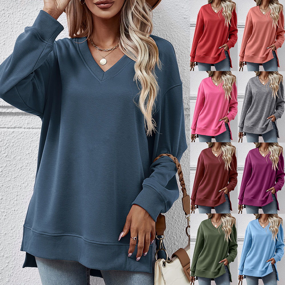 Women's autumn and winter women's sweatshirt solid color V-neck slit front short back long top_voghion.com