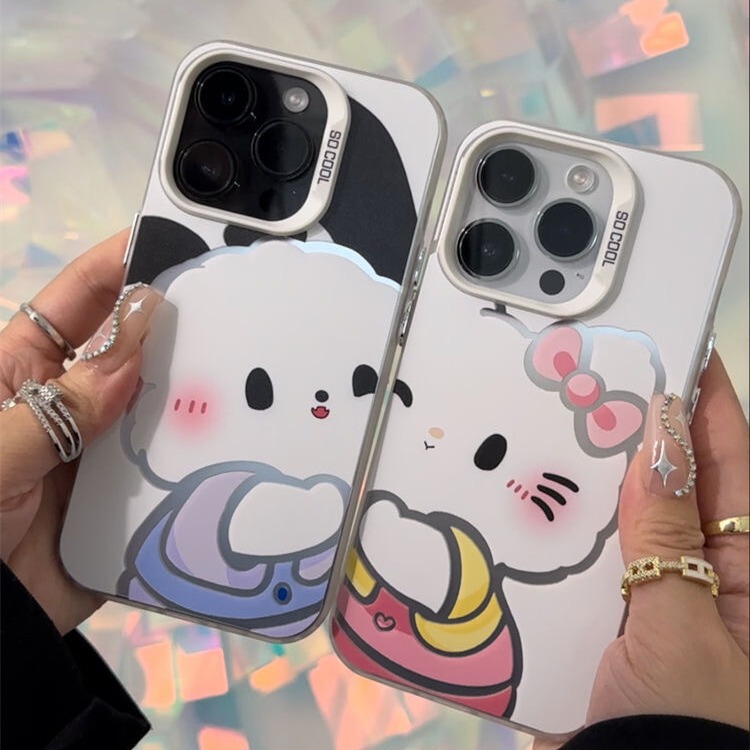 Pochacco and Hello Kitty Phone Case Suitable for iPhone 17/16/15, iPhone 14, Apple 13/Xr, Silver Color, Hard Case for iPhone 12