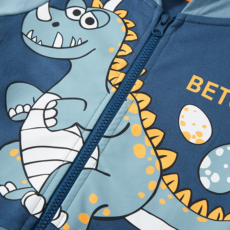 Estilo coreano niños dinosaurio impreso con capucha cremallera camisa suéter de los niños abrigo de primavera de los niños nueva entrega de una sola pieza