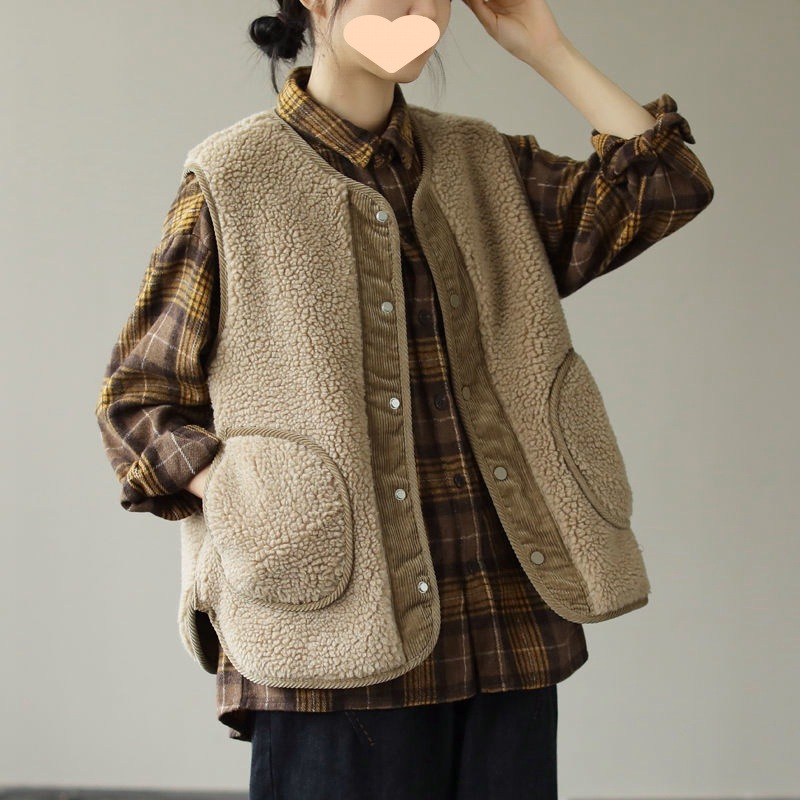 Lamb plush women's vest vest 2025 new autumn and winter women's outerwear corduroy front and back two-wear jacket