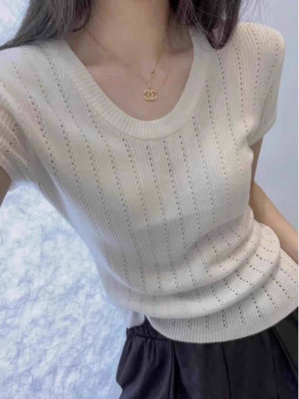 u领冰丝短袖针织衫女夏季薄款外穿弹力修身紧身麻花镂空透气上衣|undefined