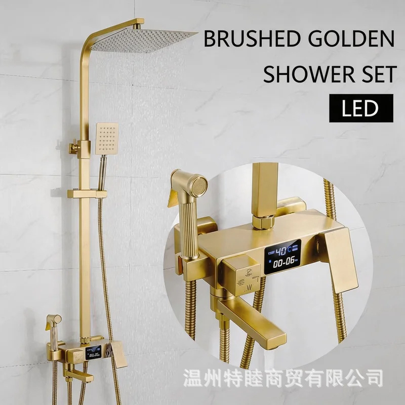 Brushed Gold Shower Set Complete Bathroom Hotel Pressurized Shower System Cross-Border Square Shower Set Brushed Gold Shower Set Complete Bathroom Hotel Pressurized Shower System Cross-Border Square Shower Set