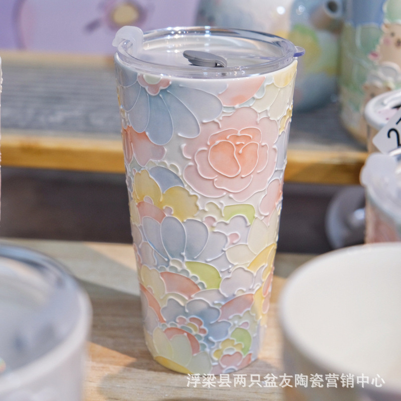 Guochao パイルオブフラワータンブラー 蓋付き ストローカップ 大容量 景徳鎮万華カップ 釉下色手描きウォーターカップ|undefined