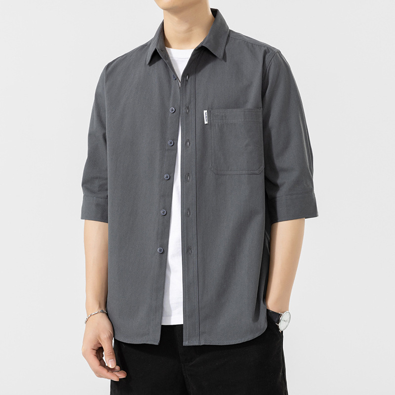 Cotton Short-Sleeved Shirt 2026 Men's New Summer Style Three-Quarter Sleeve Washed Shirt Jacket Casual Versatile Top Trendy