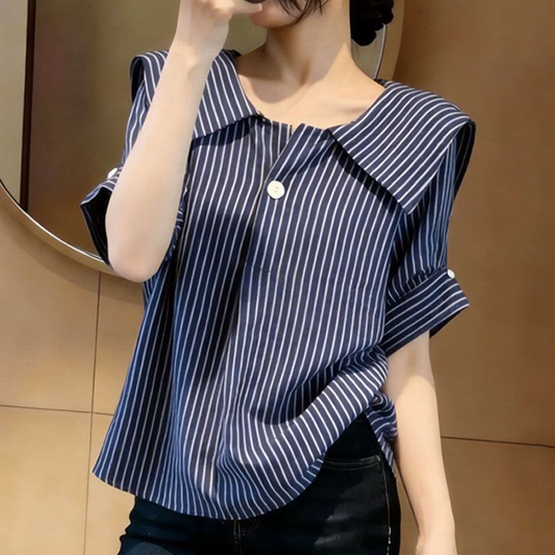 2026 Summer Plus Size Women's Korean Style Striped Sailor Collar Shirt, Stylish Loose Short Sleeve Shirt for Plus Size Women