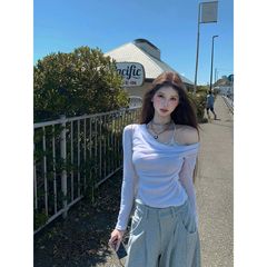 春秋装新款韩系设计感高级感百搭斜肩荡领蕾丝斜肩长袖T恤上衣女