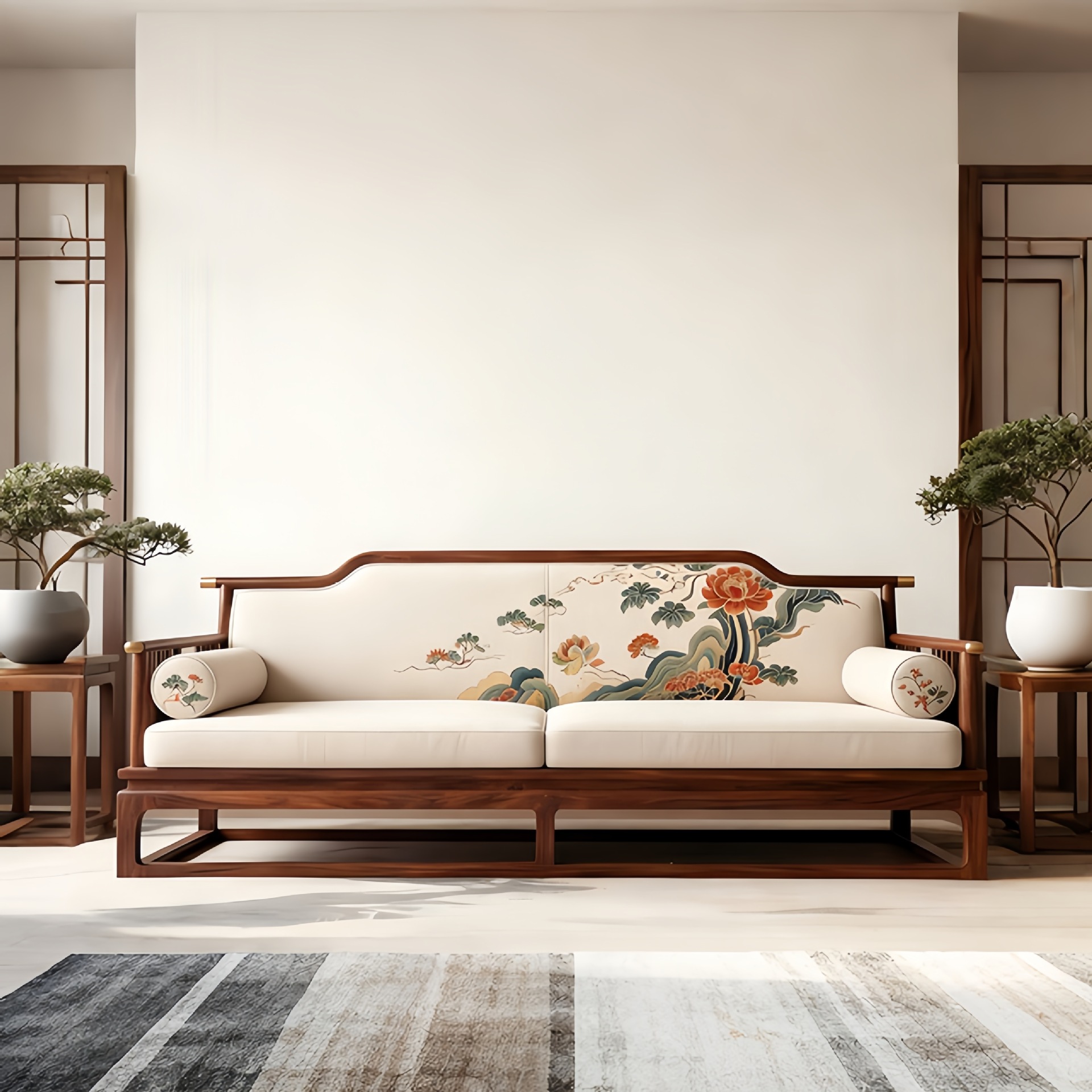 New Chinese-Style Printed Solid Wood Sofa, Black Walnut Painted Villa Living Room Reception, Light Luxury High-End Straight Row Luohan Bed