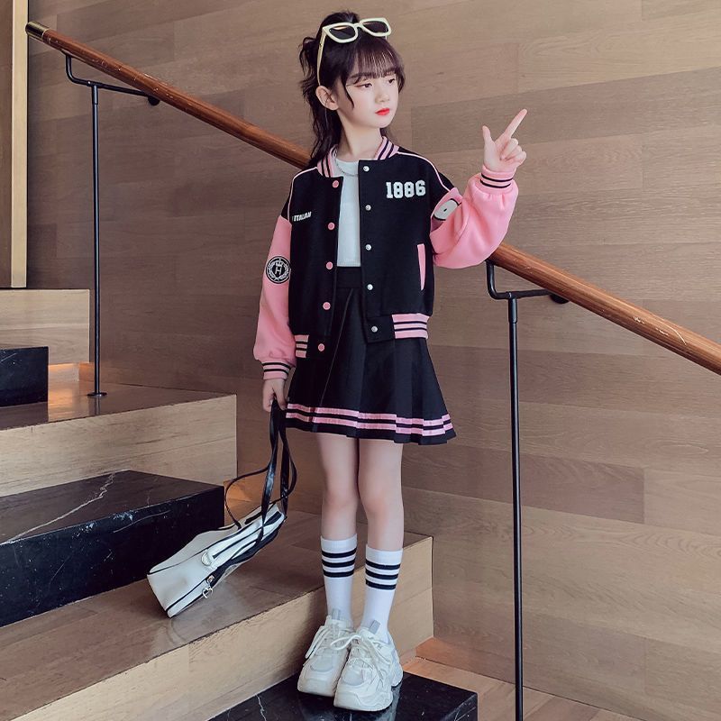 女童jk棒球服套装2025春秋新款洋气时髦女大童学院风百褶裙两件套|undefined