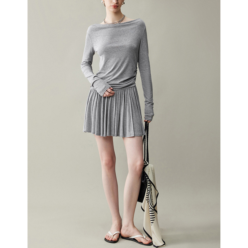 Hongshan 2025 New Style Comfortable and Elastic Zero-Pressure Age-Reducing Miu Series Off-Shoulder Versatile Pleated Short Skirt Autumn Dress for Women