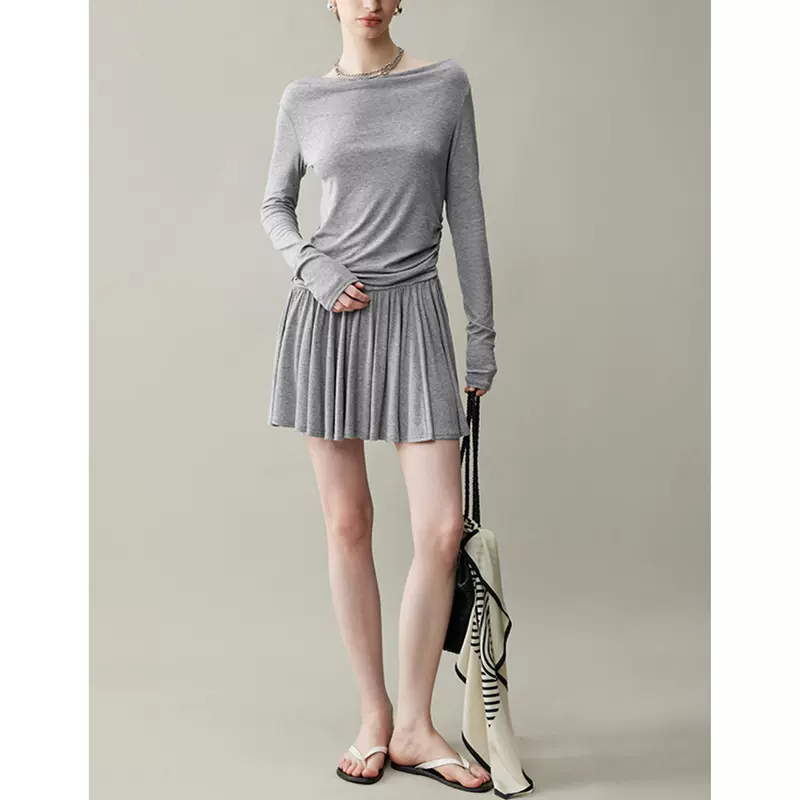 鸿衫2025新款舒弹0压感减龄miu系一字肩多穿堆褶短裙秋季连衣裙女